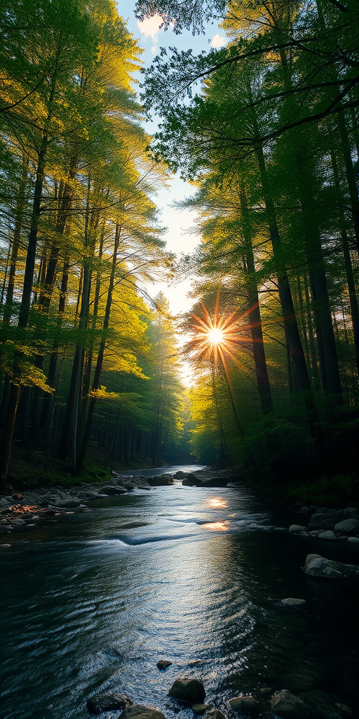 Create an image of a serene, sunlit forest scene with a clear, gently flowing river. Tall trees with lush green foliage line both sides of the river, their leaves bathed in the warm golden light of the setting or rising sun. The sunlight filters through the trees, casting soft, dappled light on the river, which flows over smooth rocks and pebbles, creating a peaceful, natural atmosphere. The sky is bright with a few scattered clouds, and the overall mood is tranquil, evoking a deep sense of connection with nature. The image captures the beauty of a calm, pristine forest landscape at either dawn or dusk.