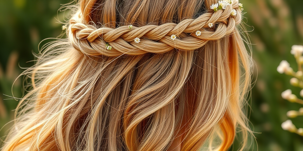 Sun-kissed honey blonde braided crown transitioning into loose bohemian waves adorned with tiny wildflowers, capturing free-spirited charm named Meadow Whisper