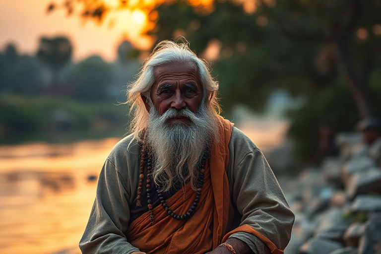 Generate an image of an elderly man with a long beard, wearing traditional clothing and beads, sitting peacefully by a serene riverbank during golden hour, captured with a DSLR camera at f/1.8 aperture, 50mm lens, ISO 100, 1/200 sec shutter speed for a shallow depth of field and enhanced color contrast.