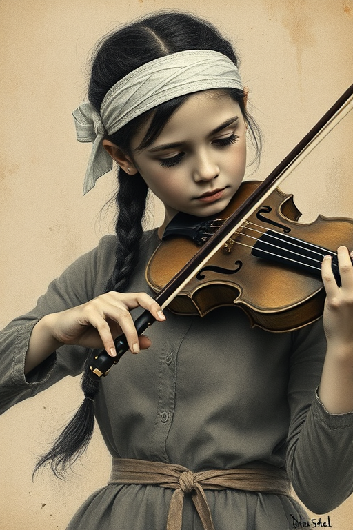 a young M'tis woman with a white headband playing a violin, in the style of a charcoal drawing, sepia grunge background