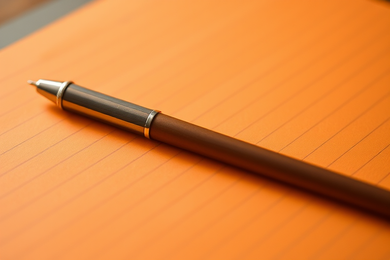 Create a high-resolution image of an orange lined paper with a brown pen resting on it, captured with a 50mm lens at f/2.8, ISO 100, and a shallow depth of field for a focused view, using a DSLR camera.
