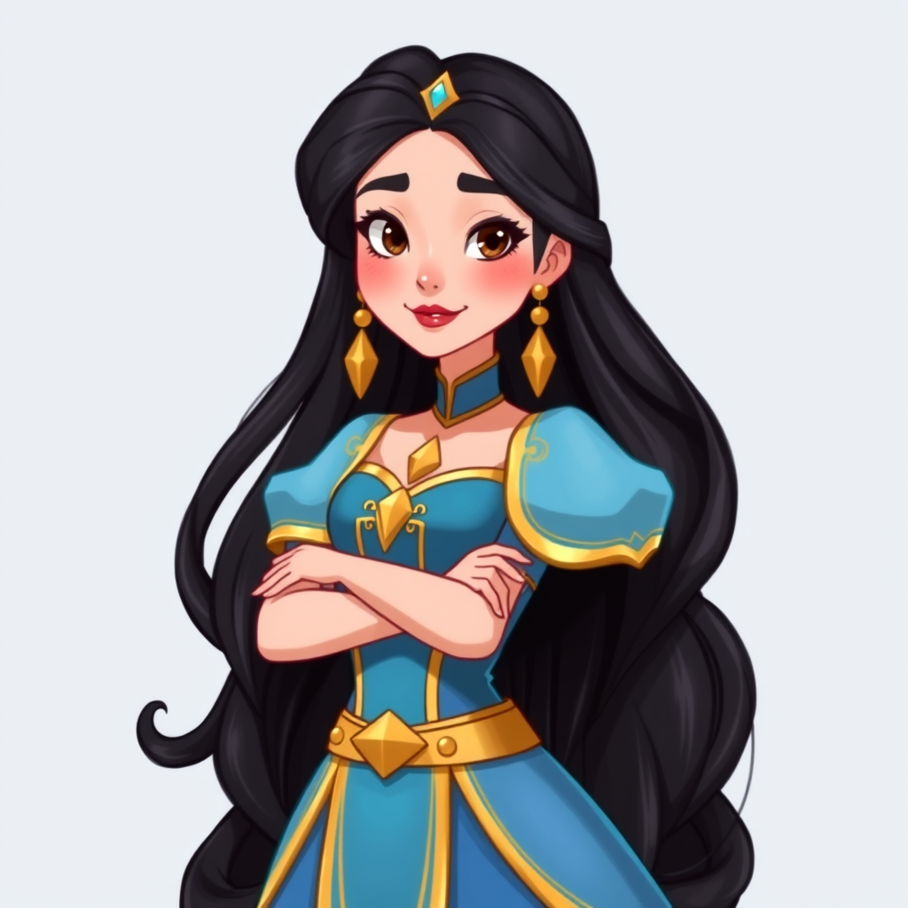 Create an illustration of an animated princess with long dark hair, wearing a detailed flowing blue outfit and gold accessories. She stands confidently, exuding charm and grace.