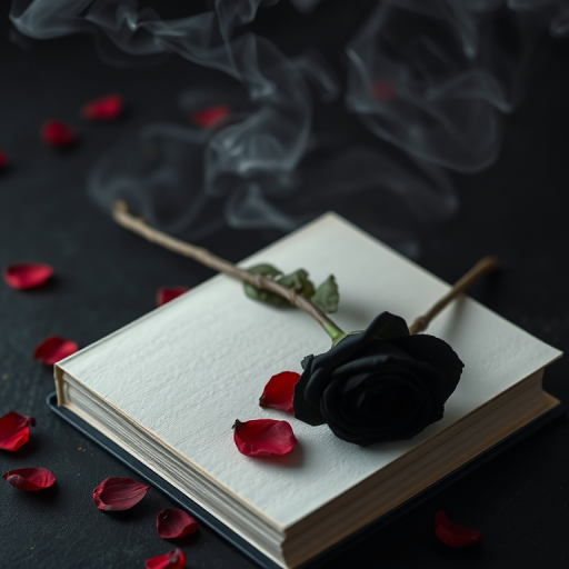 white book with a black rose and rose petals on a dark surface, smoke wafting in the background, soft diffused lighting, shallow depth of field, 50mm lens, f/1.8, ISO 100, 1/200s, top-down view, DSLR camera