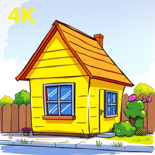 Create a vibrant illustration of a whimsical house with a yellow body, slanted orange roof, and two large windows, using a digital drawing style, 4K resolution, with a focus on bright colors and playful details, captured from a slight angle to enhance depth.