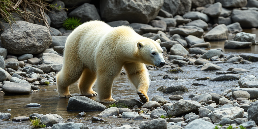 polar bear walking beside a stream surrounded by stones, natural lighting, 50mm lens, f/2.8 aperture, ISO 200, shutter speed 1/500 sec, low angle view, high definition DSLR camera