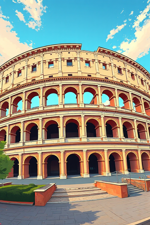 regenerate an artistic illustration of the Colosseum with a modern architectural style, use a wide-angle view, enhance colors for vibrancy, set camera settings to f/8 aperture, ISO 100, shutter speed 1/125 sec, utilize a DSLR camera type for high resolution and clarity