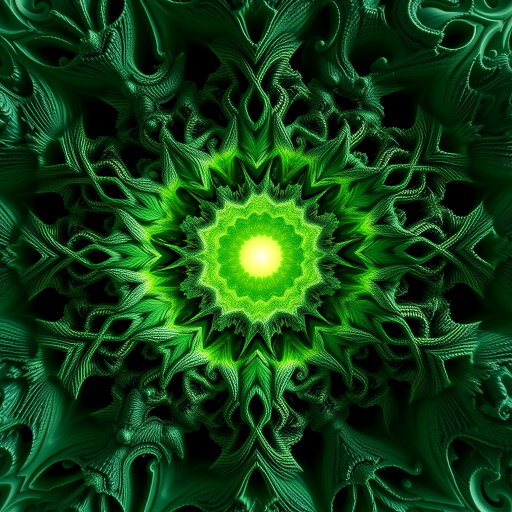 Generate a high-resolution 3D fractal design with intricate details and deep green tones, illuminated by a soft glowing light at the center, shot with a DSLR camera, 50mm lens, f/1.8 aperture, ISO 200, and a low-angle view to emphasize the depth and structure.