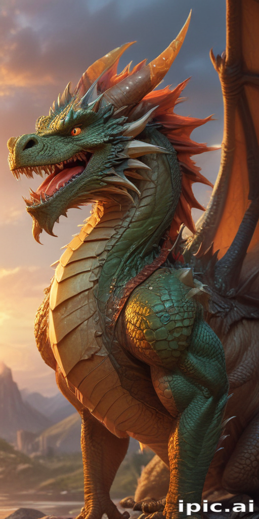 Majestic Dragon with Vibrant Scales and Powerful Wings in Sunset Landscape.