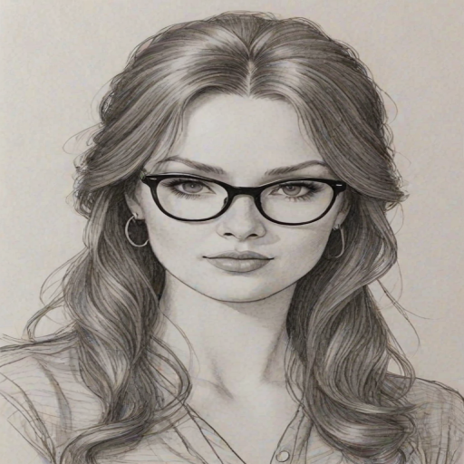 Fetching Cassandra Clare, pencil sketch, portrait of Gorgeous woman 1966s in glasses, hair style beatnik, outline, clear lines, fine lines, 8k