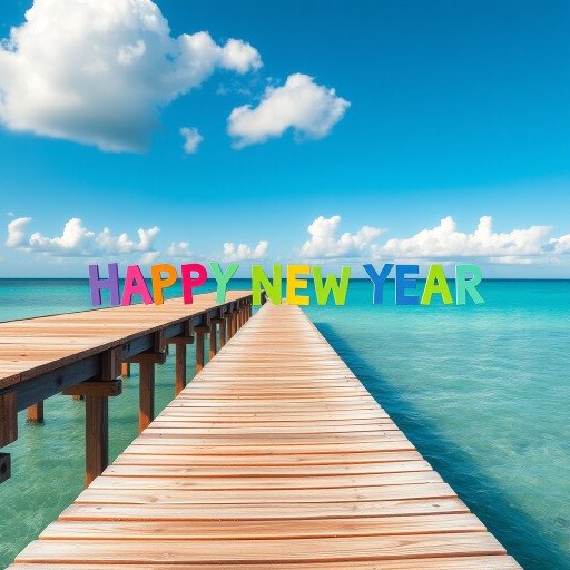 Generate an image of a wooden pier extending into a bright blue ocean under a clear sky with fluffy white clouds, featuring colorful paper cutouts saying Happy New Year in a playful font, using a DSLR camera, 24mm lens, f/8 aperture, ISO 100, natural lighting to enhance image quality.