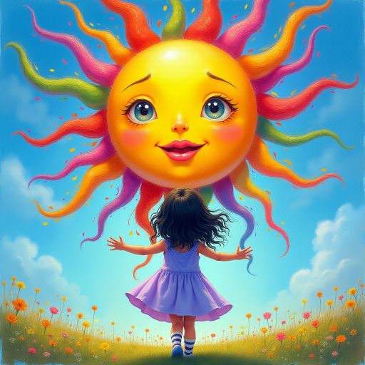A depiction, in colorful paints, of a little girl, back to the viewer, short stripy socks, lilac and blue dress, arms outstretched, long black wavy hair being blown by the breeze, bight summer's day, up in the blue sky a giant colorful sun face, with pretty eyes, pink lips, colorful swirls, and rainbow colored flames shooting off in all directions