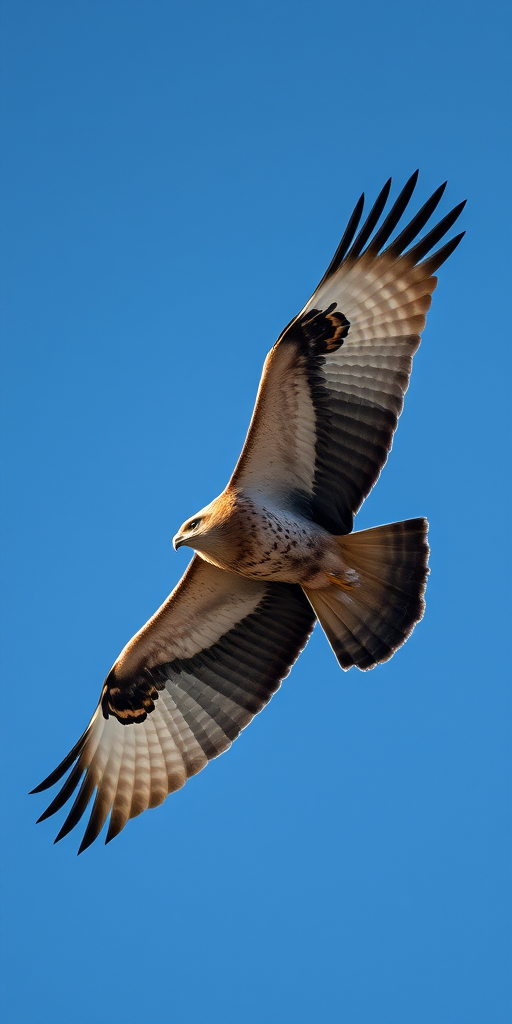 hawk soaring in a clear blue sky, shot with a DSLR camera at 400mm focal length, aperture f/8, shutter speed 1/1000s, ISO 200, high resolution, overhead view, natural lighting
