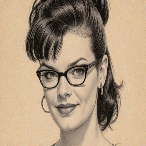 Magnificent Pauley Perrette, pencil sketch, portrait of Charming woman 1953s in glasses, hair style beatnik, outline, clear lines, fine lines, 8k