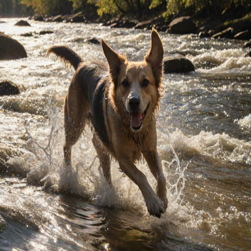 Blurry action shot of a dog leaping into a river to catch a ball, water splashing around it, distant trees casting long shadows, and the sound of rushing water and excited barking filling the scene.