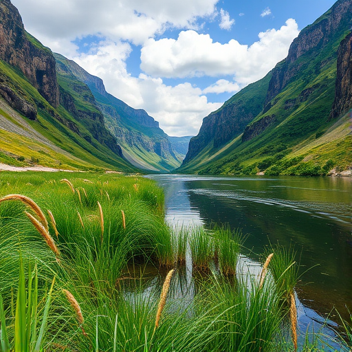 generate a serene landscape featuring a lush green riverbank with tall grasses and gentle water reflections, surrounded by steep cliffs under a partly cloudy sky