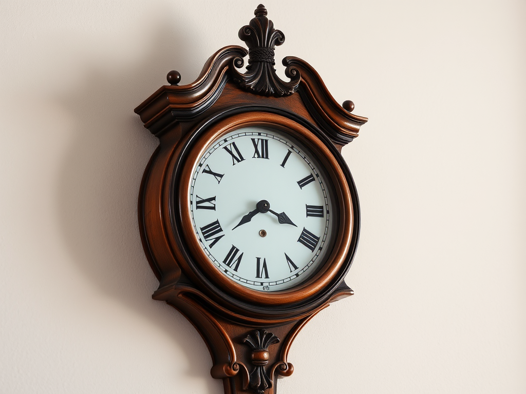 Create an image of an antique wall clock with intricate wooden detailing and a glass front, positioned against a light-colored wall, captured with a Canon EOS 5D Mark IV, 35mm lens, aperture f/8, ISO 100, natural lighting, from a straight-on view to enhance clarity and detail.