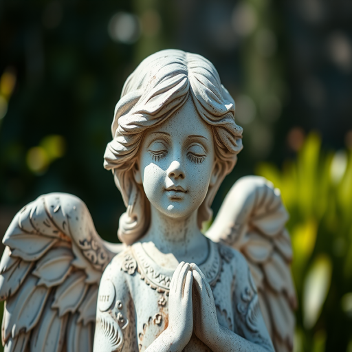 regenerate a close-up image of a serene angel statue with detailed wings and a soft expression, captured with a DSLR camera, aperture f/2.8, ISO 100, 50mm lens, natural lighting, shallow depth of field, in a garden setting with blurred greenery in the background
