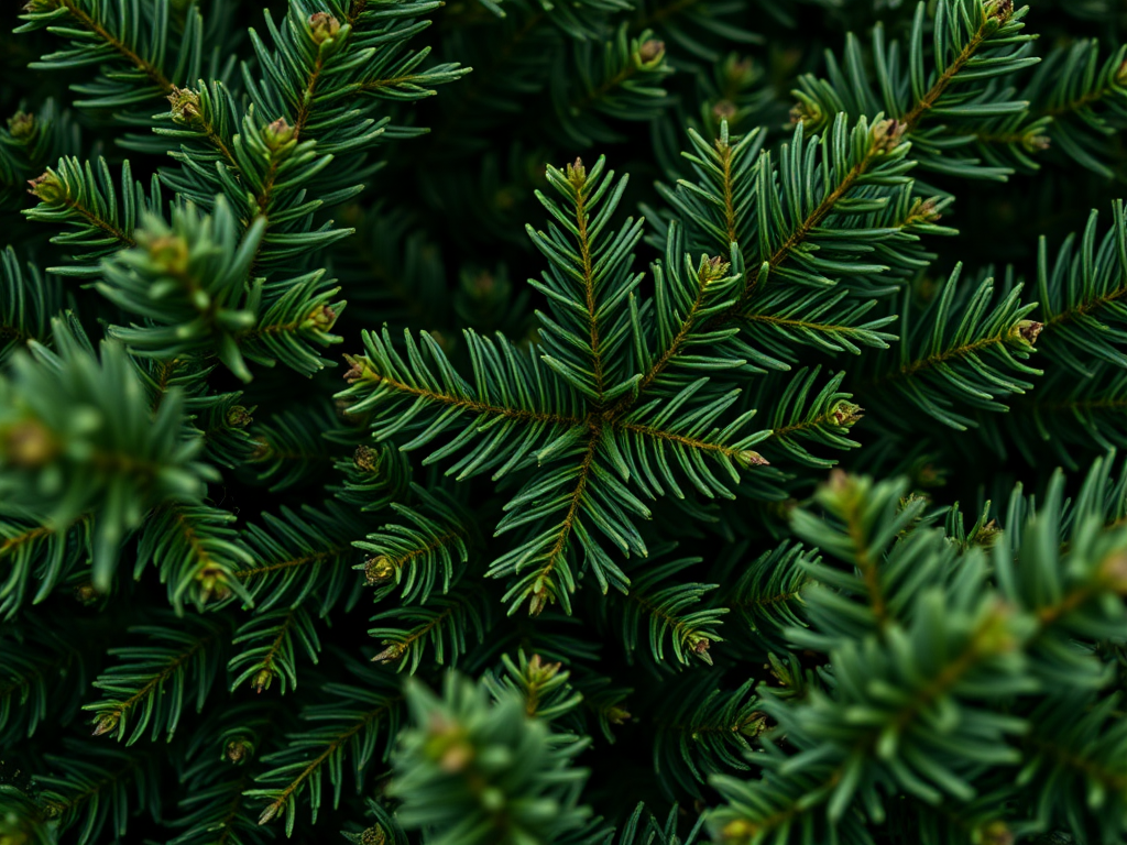 Close-up of dense evergreen foliage with detailed textures, natural lighting, shot with a macro lens, aperture f/2.8, ISO 200, 50mm lens, photographed from a top-down view with a Canon DSLR.