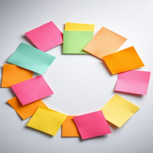 Create an image of colorful sticky notes arranged in a circular pattern, with a soft-focus background, using a digital camera set to f/2.8 aperture, ISO 100, and a focal length of 50mm, in a flat lay style.
