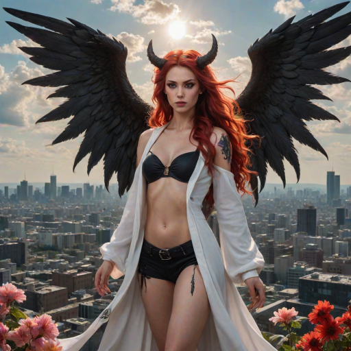 Create an image with a split composition, half representing an angel and half a demon. The angel is on the left, depicted with long, flowing blonde hair, a golden halo above her head, and wearing a white robe. She has large, feathered wings, and she's barefoot, standing amidst blooming flowers with a cityscape in the background under a clear blue sky with a few clouds. The demon is on the right, featuring long, wavy black and red hair, red horns on her head, and wearing a black crop top and black cargo pants. She has large, bat-like wings with red and black hues, and is wearing black combat boots. Her skin is adorned with tattoos. The background on the demon's side is dark and smoky, with hints of flames and a red tail curling behind her. Both figures stand back-to-back, creating a stark contrast between light and dark, good and evil.