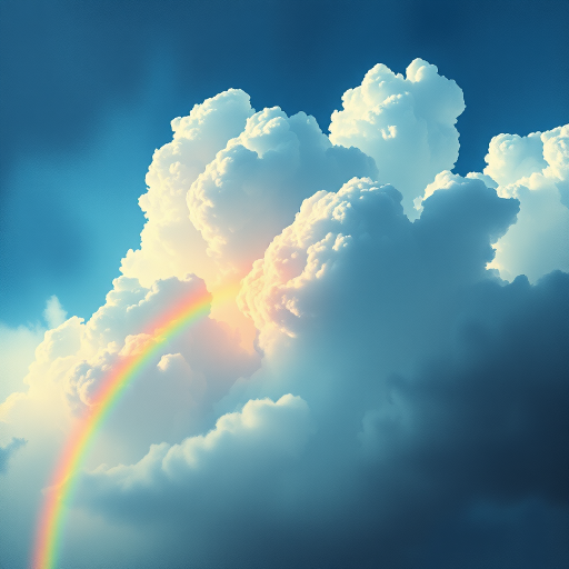 A whimsical and surreal sky with a vibrant rainbow, featuring dramatic lighting effects and a textured watercolor background, with a touch of gothic aesthetic.