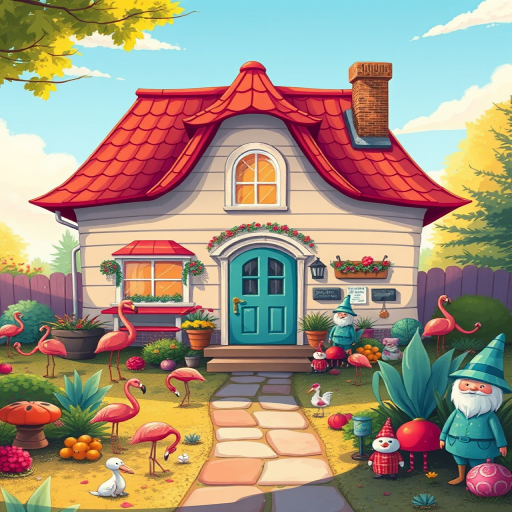 create a colorful digital illustration of a whimsical house with a red roof surrounded by playful yard decorations like flamingos, gnomes, and various objects, soft morning light, wide-angle lens, f/8 aperture, ISO 100, 50mm focal length, high-resolution digital art style