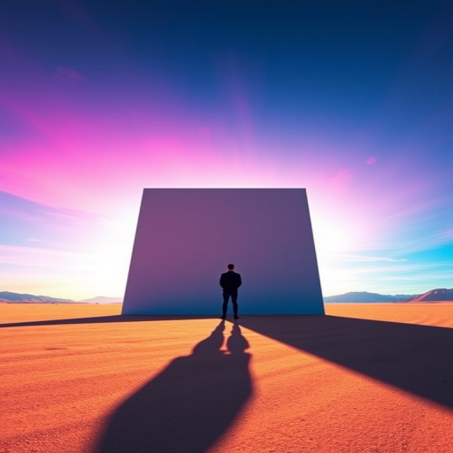 Create a surreal landscape featuring a lone figure standing between two large, abstract geometric shapes, casting dramatic shadows against a vibrant gradient sky, shot with a DSLR camera at f/2.8, ISO 100, shutter speed 1/125s, using a wide-angle lens for an immersive perspective.