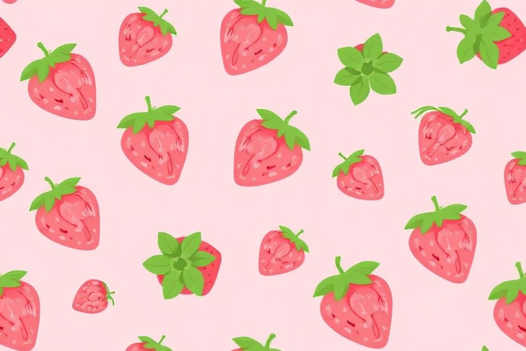 Create a seamless pattern featuring a light pink background with various cute strawberries scattered throughout. Each strawberry should be a soft pink color with green leaves and a small red stem, showcasing a playful and whimsical design.