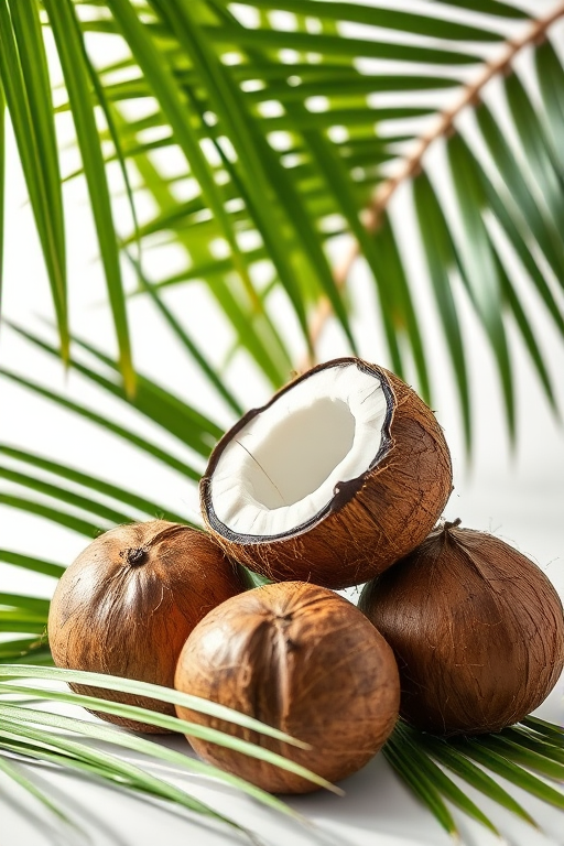 create a realistic still life of coconuts and palm leaves, soft natural light, 50mm lens, f/2.8 aperture, shallow depth of field, high-resolution photography, vibrant colors, white background