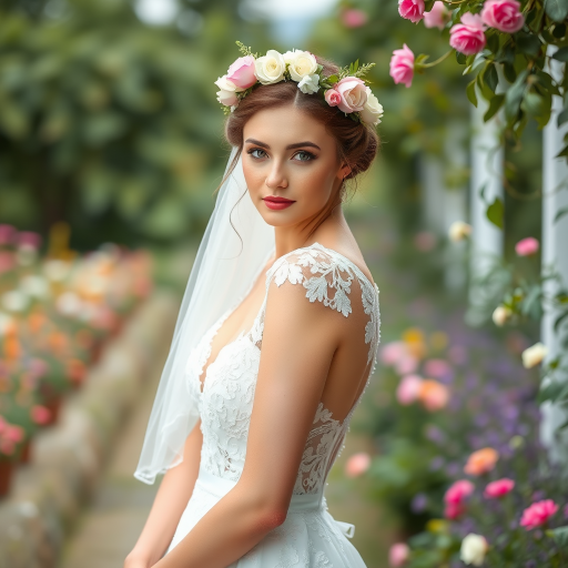 Garden scene, bridal model, delicate lace gown, floral headpiece, soft romantic focus, high-key lighting and an 85mm lens for soft, even tones that highlight the model’s face and bright outfit against a white or light background