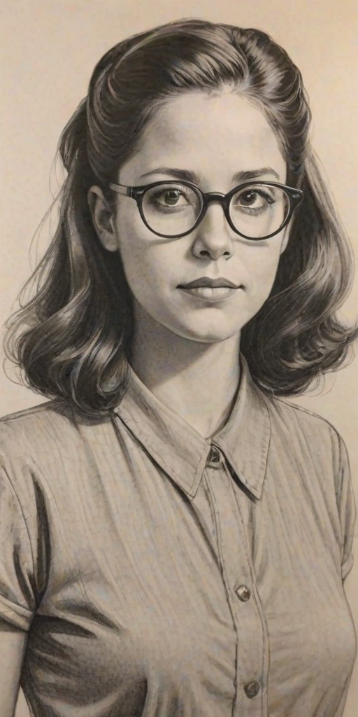 Fascinating Kimberly McCullough, pencil sketch, portrait of Exquisite woman 1943s in glasses, hair style beatnik, outline, clear lines, fine lines, 8k