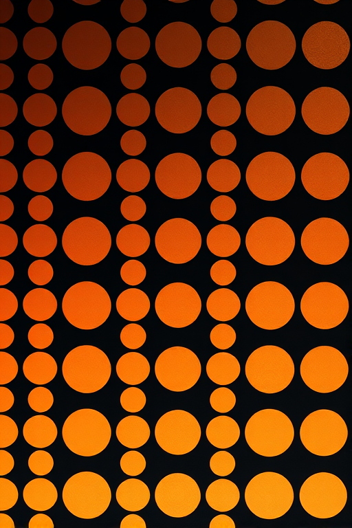 Create a high-resolution image of a grid of circular patterns in varying shades of orange and gold on a dark background, using a mirrorless camera with a 50mm lens, aperture set to f/2.8, ISO 200, and shutter speed of 1/60s, shot from a top-down view with soft diffused lighting for enhanced texture and detail.