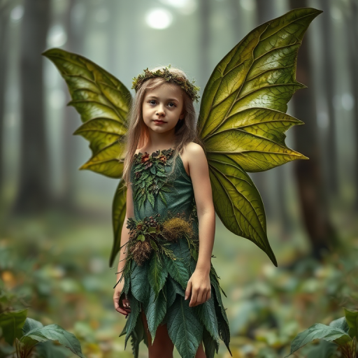 Create a whimsical portrait of a fairy girl with large leafy wings standing in a misty forest, styled with intricate green attire made of moss and leaves, using a DSLR camera, 50mm lens, f/1.8 aperture, soft focus, natural lighting, and a shallow depth of field for a dreamy effect.
