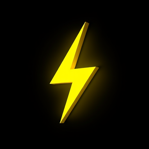 Create a 3D rendering of a yellow lightning bolt symbol on a black background, using a Canon EOS R5 camera with a 50mm f/1.8 lens, aperture set to f/2.8, ISO 100, shutter speed 1/200 sec, and soft studio lighting for enhanced quality.
