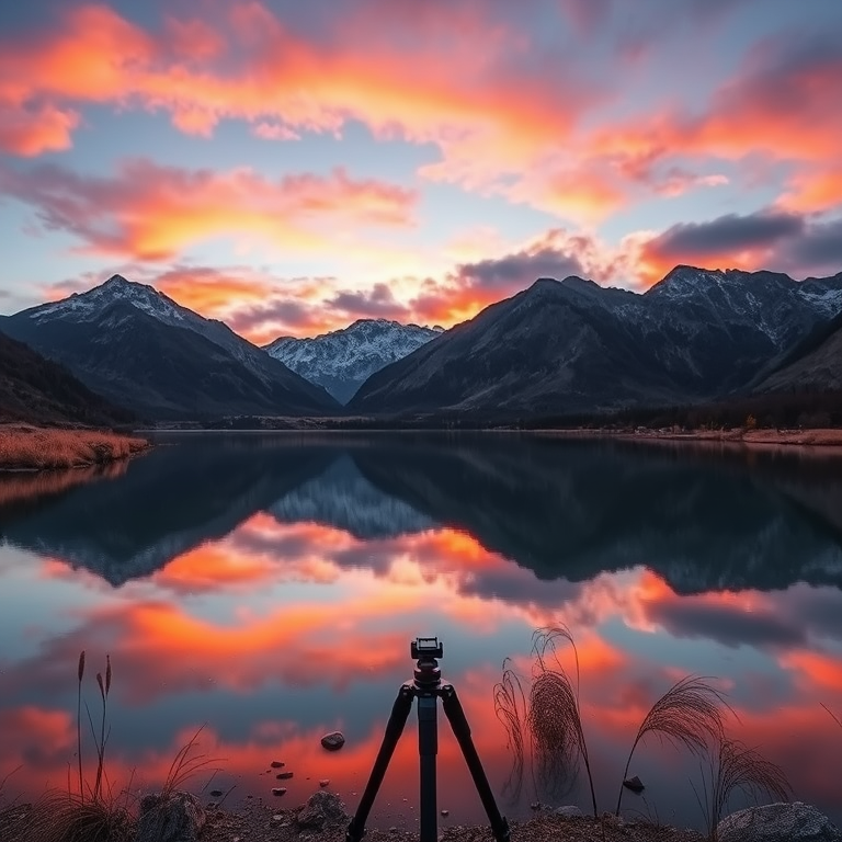 Create a high-resolution image of a serene landscape featuring a calm lake reflecting mountains at sunset with vibrant colors in the sky, using a DSLR camera with a 50mm lens, f/1.8 aperture, ISO 100, and a tripod for stability.