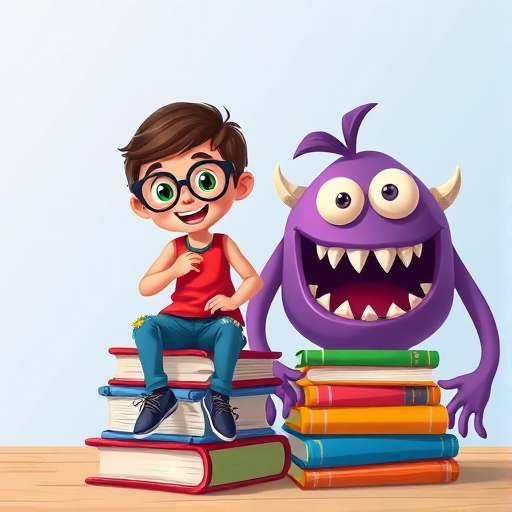 A cheerful cartoon boy wearing glasses and a red tank top sits on a stack of colorful books, alongside a purple monster with a big mouth, bright colors, vector style, shot with a Canon EOS R5 at f/8, ISO 100, 50mm lens, high-resolution digital art.