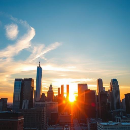 Create a high-resolution image of a detailed city skyline at sunset, using a DSLR camera with a 24mm lens, aperture f/8, ISO 100, and a shutter speed of 1/125 seconds, capturing a wide-angle view for enhanced depth and clarity.