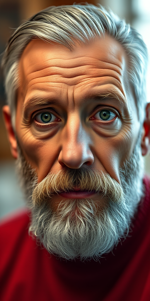 Create a high-resolution digital illustration of a middle-aged man with short gray hair and a beard, wearing a red shirt, focusing on his expressive green eyes, using a Canon EOS R5 camera with a 50mm lens, aperture f/1.8, ISO 100, and a shallow depth of field for a portrait style.