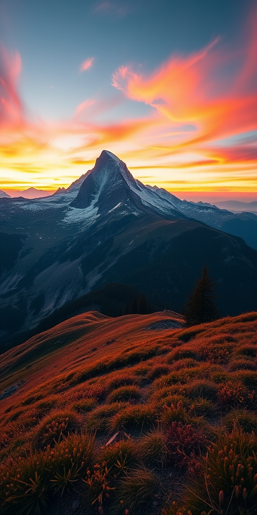 Create a high-quality image of a serene mountain landscape during sunset with vibrant colors, captured using a DSLR camera at f/8 aperture, ISO 200, 24mm focal length, in landscape orientation with a wide-angle lens.