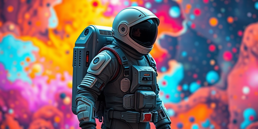 generate an image of a futuristic astronaut in a detailed space suit with a jetpack, standing against a colorful abstract background, shot with a DSLR camera, 50mm lens, f/1.8 aperture, ISO 100, 1/200s shutter speed, capturing high dynamic range and vivid colors.