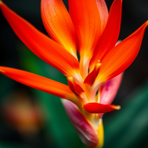 Close-up of a vibrant heliconia flower with striking red and orange petals, soft bokeh background, aperture f/2.8, shutter speed 1/250s, ISO 200, macro lens, DSLR camera.