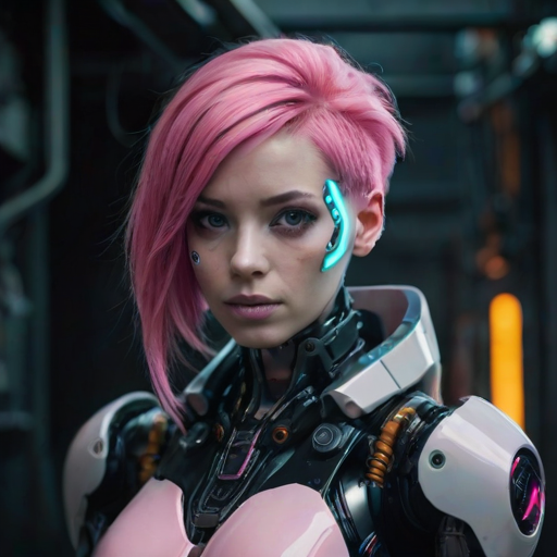 portrait of a robot android girl with pink hair in a dark dramatic cyberpunk futuristic environement