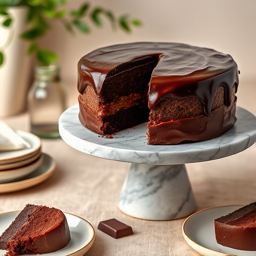 A rich chocolate cake with a glossy chocolate frosting sits on a marble cake stand with a slice removed revealing its moist interior. The background features soft neutral tones and a hint of greenery in a vase, creating a warm and inviting atmosphere. Surrounding the cake are delicate plates with additional slices and a piece of chocolate, showcasing a delightful dessert setting.