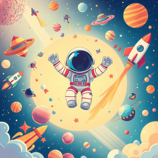 Create a vibrant and whimsical illustration of an astronaut floating in space surrounded by colorful rockets, UFOs, planets, and space-themed objects, using a digital art style, with high resolution settings at 300 DPI, wide-angle view, and soft focus effect.