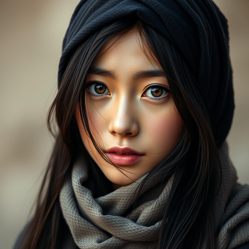 Create a portrait of a young japanese woman with long, dark hair and captivating hazel eyes. She is wearing a dark headscarf and a matching scarf draped gracefully around her neck. The background is softly blurred, focusing attention on her serene and natural expression. The overall color palette is muted and warm, enhancing the intimate and authentic feel of the portrait.