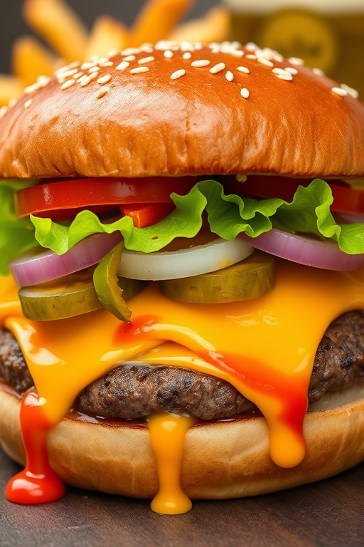 High-resolution, close-up image of a gourmet double cheeseburger. The burger features a glossy, sesame-seed-topped brioche bun. Inside, there are two thick, juicy beef patties, each topped with melted cheddar cheese. The burger is garnished with fresh lettuce, tomato slices, diced onions, and pickles. A generous amount of ketchup and a creamy, orange-colored sauce is dripping down the sides, adding to the mouth-watering appeal. In the background, there are blurred elements including a side of golden French fries and a hint of a beverage, enhancing the overall presentation of a delicious meal.
