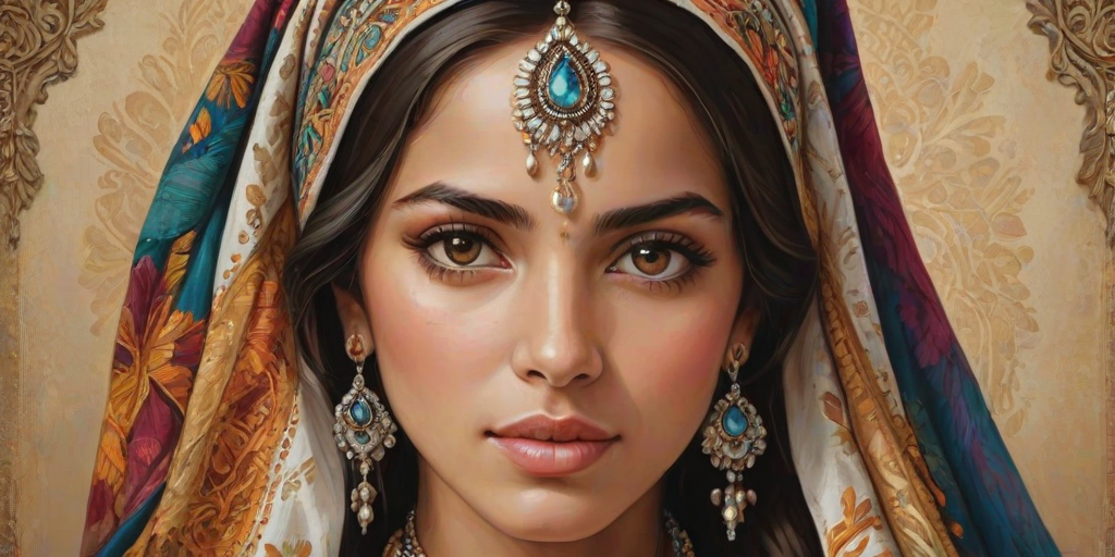 Create a portrait of a beautiful Hispanic woman with striking white eyes and a gentle expression. She is adorned in traditional attire with intricate patterns, including a richly embroidered headscarf and matching garments. Her jewelry includes a delicate headpiece, dangling earrings, and ornate bracelets, all featuring vibrant gemstones and detailed metalwork. The background is soft and warm, enhancing the rich colors of her outfit and jewelry.
