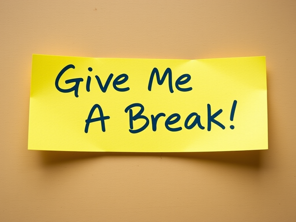 Generate an image of a yellow sticky note with handwritten text that says "Give Me A Break!" using a DSLR camera at f/2.8 aperture, ISO 100, and 50mm lens in natural light for enhanced clarity and sharpness.