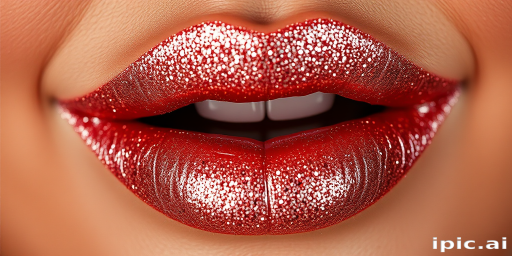 Glittery rose gold lips with a metallic sheen, adorned with tiny sparkling particles, creating a dazzling and eye-catching effect for a glamorous night out