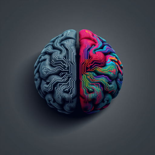 Create an image of a brain split into two halves, one side representing digital circuitry with intricate patterns and the other a flowing, abstract design, using a Canon EOS R5, 50mm lens, f/1.8 aperture, ISO 100, with a high contrast color scheme on a medium gray background.